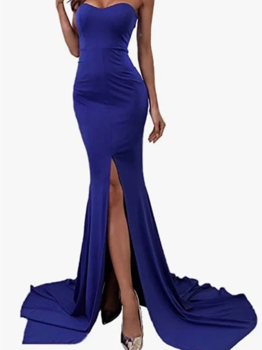 Strapless Cobalt Blue Mermaid Evening Gown with Front Slit